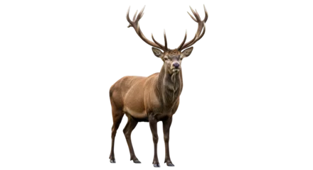 Fototapete Hirsch Isolated red deer stag standing proud, looking directly at camera, majestic antlers  © Federica