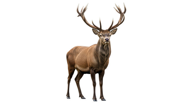 Isolated red deer stag standing proud, looking directly at camera, majestic antlers