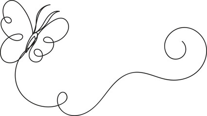Delicate single line drawing of a butterfly in flight with swirling tail