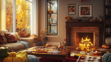 Cozy living room with fall decorations and fireplace warmth