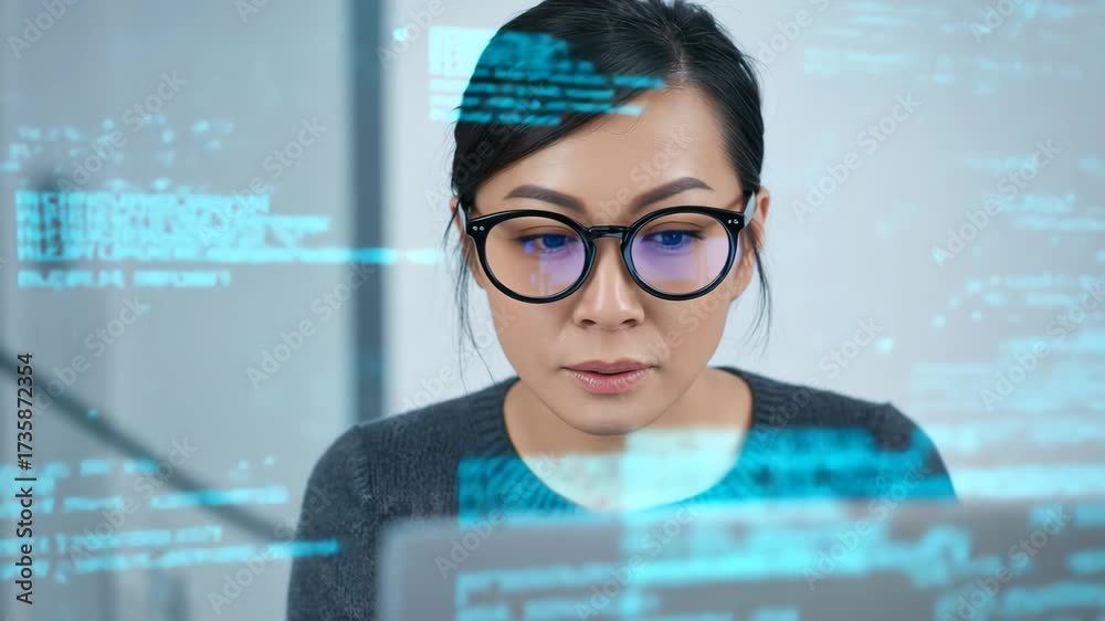 Wall mural focused coder: a dedicated individual with glasses concentrates intently, surrounded by the intricat