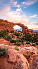 Scenic desert archway at sunset