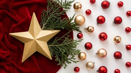 Festive Holiday Still Life: A Golden Star, Red Velvet, Evergreen Sprigs, and Sparkling Ornaments Create a Classic Christmas Scene