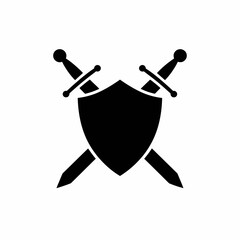 Black silhouette of crossed swords behind a shield vector illustration scalable graphic icon silhouette