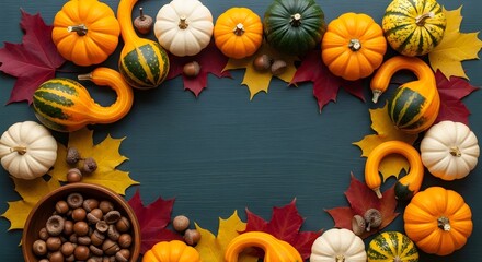 Autumn Bounty A Colorful Collage of Pumpkins, Gourds, Leaves, and Acorns on Dark Teal Background