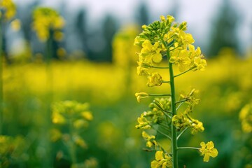 Obraz premium Close-up of vibrant yellow rapeseed flowers blooming in a field.