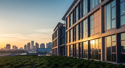 Fototapeta premium Sun-Kissed Urban Landscape Modern Building Reflects Golden Hour Over City Skyline