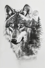 Graphic image of a wolf against a background of a forest and a full moon.