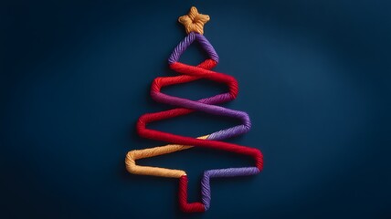 Colorful Twisted Yarn Christmas Tree with a Star Topper on a Dark Blue Background