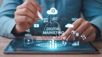 Digital Marketing Strategy: An individual interacts with a tablet displaying the words Digital Marketing, encircled by an array of futuristic, interconnected digital icons. Emphasizing innovation.