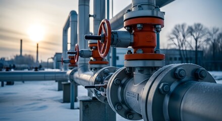 Industrial Valves and Pipelines in Winter Landscape Energy Infrastructure and Equipment