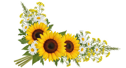 Isolated floral corner with sunflowers and daisies in full bloom, spring bouquet flowers