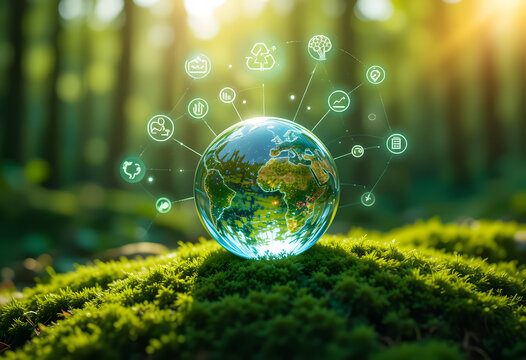 Green glowing earth globe connected to sustainable ecology network icons