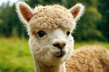 Close-up Portrait of a Cute Baby Alpaca with Soft Fur and Expressive Eyes.