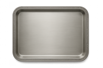 Empty metal serving tray with decorated border on transparent background