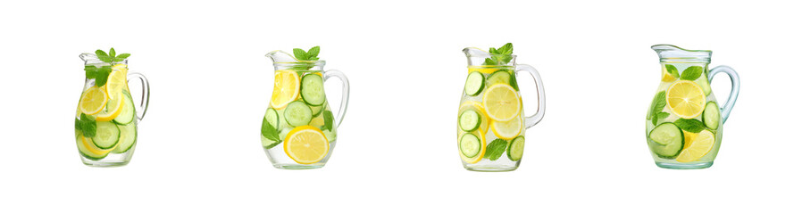 Refreshing infused water with lemon cucumber and mint in a glass jug PNG set Transparent backround