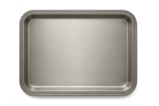Empty metal serving tray with decorated border on transparent background