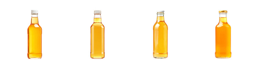 Amber liquid beverage bottle collection, studio isolation, vibrant golden hues, refreshing drink concept, graphic resource PNG set Transparent backround