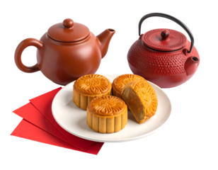 Chinese Mid-Autumn Festival concept. Mooncakes and hot tea pot and red envelopes isolated on transparent png