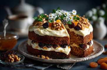 carrot cake with walnuts, prunes and dried apricots