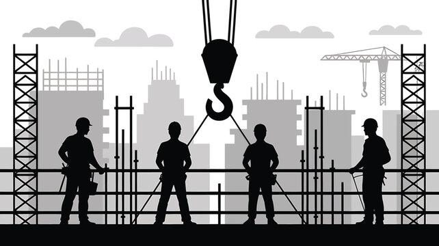 Building construction workers silhouette on scaffolding Vector illustration