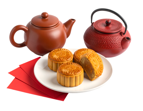 Chinese Mid-Autumn Festival concept. Mooncakes and hot tea pot and red envelopes isolated on transparent png