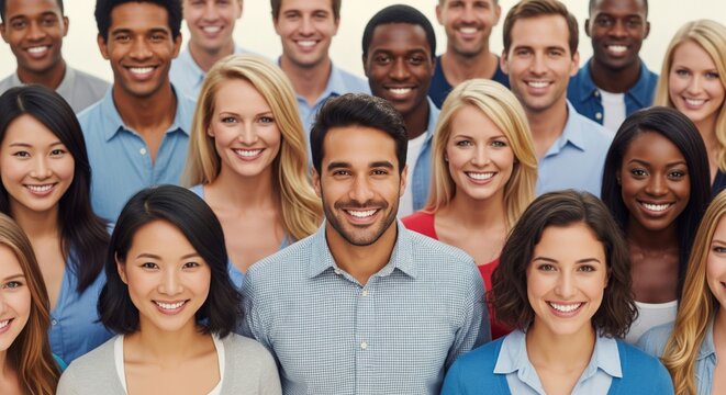 A diverse group of people standing close together, smiling and looking directly at the camera. The crowd includes men and women of different ages and ethnic backgrounds, creating a sense of unity
