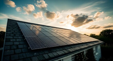 Solar Panels on a Rooftop with Clouds in the Sky at Sunset for Sustainable Energy Solutions
