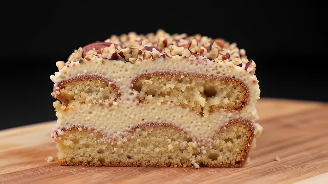 Creamy Tiramisu Cake with Nuts Topping on Wooden Plate Against Black Background