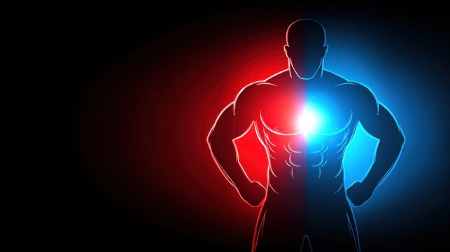 A muscular figure stands confidently with hands on hips, illuminated by red and blue light. - Powered by Adobe