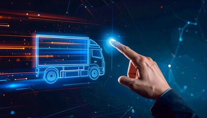 Logistics Technology Person Touching Futuristic Truck Interface for Global Shipping and Supply Chain Management