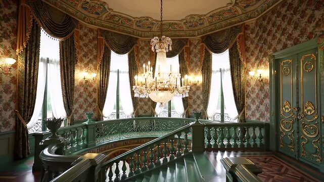 Elaborate Interior View of Grand Foyer with Ornate Chandelier and Green Railings
