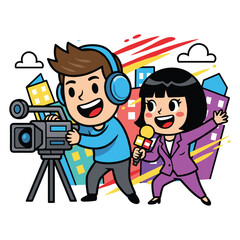 News Reporter Cameraman Microphone City Scene