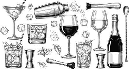 Vintage engraved illustration of cocktail glasses, liquor bottles, bar tools, ice cubes, garnishes, alcohol drinks, mixology setup, celebration scene