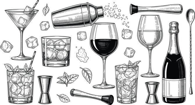 Vintage engraved illustration of cocktail glasses, liquor bottles, bar tools, ice cubes, garnishes, alcohol drinks, mixology setup, celebration scene