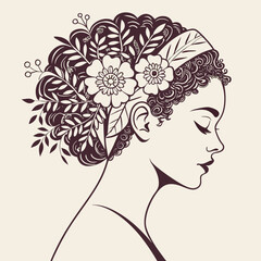 Elegant profile of a woman with curly hair adorned with flowers and leaves symbolizing natural beauty and serene contemplation