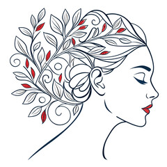 Elegant profile silhouette of a woman with intricate floral and leafy hair design embellished with red accents