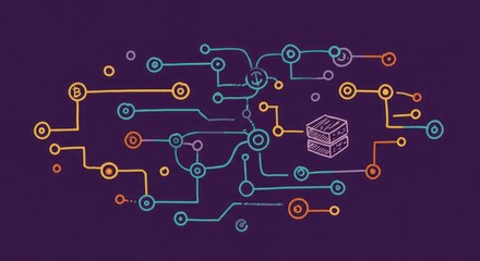 Vibrant abstract network diagram with connected nodes and data blocks, symbolizing technology, innovation, and digital communication in a modern, dynamic style