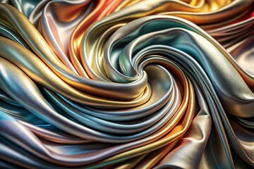 Abstract silk fabric with iridescent metallic colors and swirling shapes