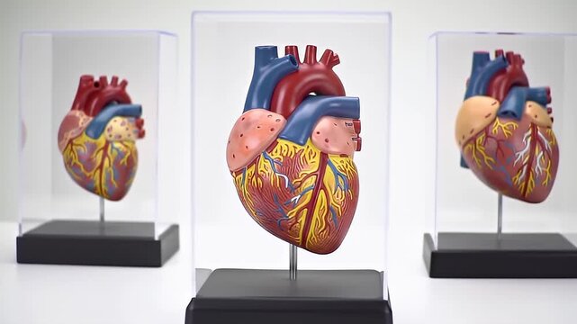 Three Human Heart Models in Clear Cases on White Background Display
