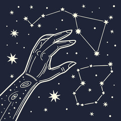 Mystical hand reaching out to touch celestial constellations and stars in a dark starry night sky