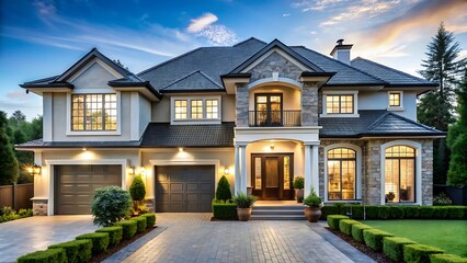 Luxury mansion exterior dusk lighting grand entrance estate home architecture driveway landscaping elegant residence