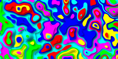 Vibrant abstract background with layered organic shapes in bright red blue yellow pink and green, creating a dynamic and energetic topographic map effect