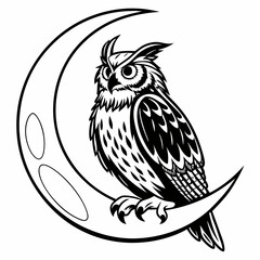 Stylized black and white illustration of a detailed owl perched on a crescent moon with a white background