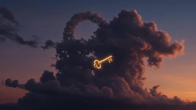 Golden key floats in dramatic sunset clouds forming a heart shape