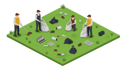 Isometric team cleaning park litter with bags on grass