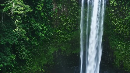 Majestic Waterfall Cascading Through Lush Green Jungle Foliage.