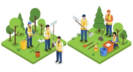 Community volunteers engaging in cleanup and tree planting in urban park