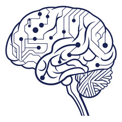Stylized outline of a human brain with integrated circuit pathways and nodes representing artificial intelligence and neural network concepts