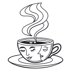 Whimsical black and white line art illustration of a steaming coffee cup with a unique face design on its side